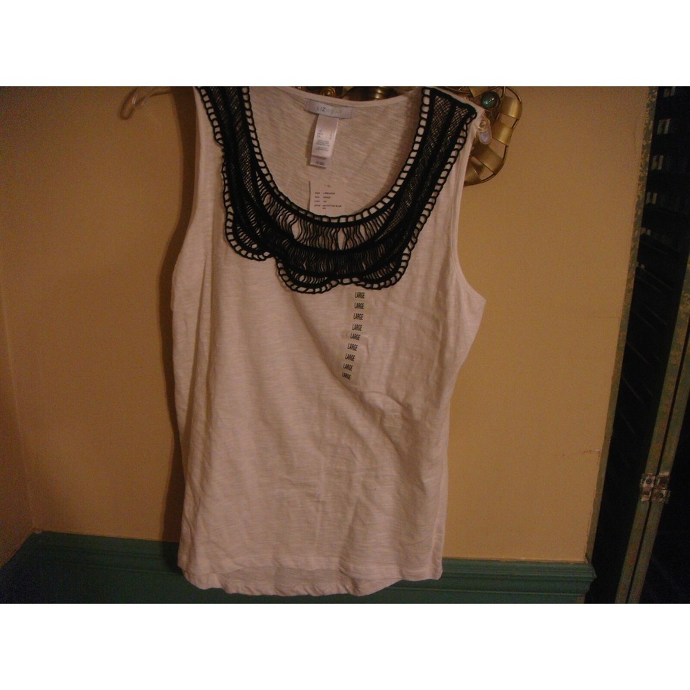 Liz Wear womens L white tank top black embroidery neckline cotton shirt NWT